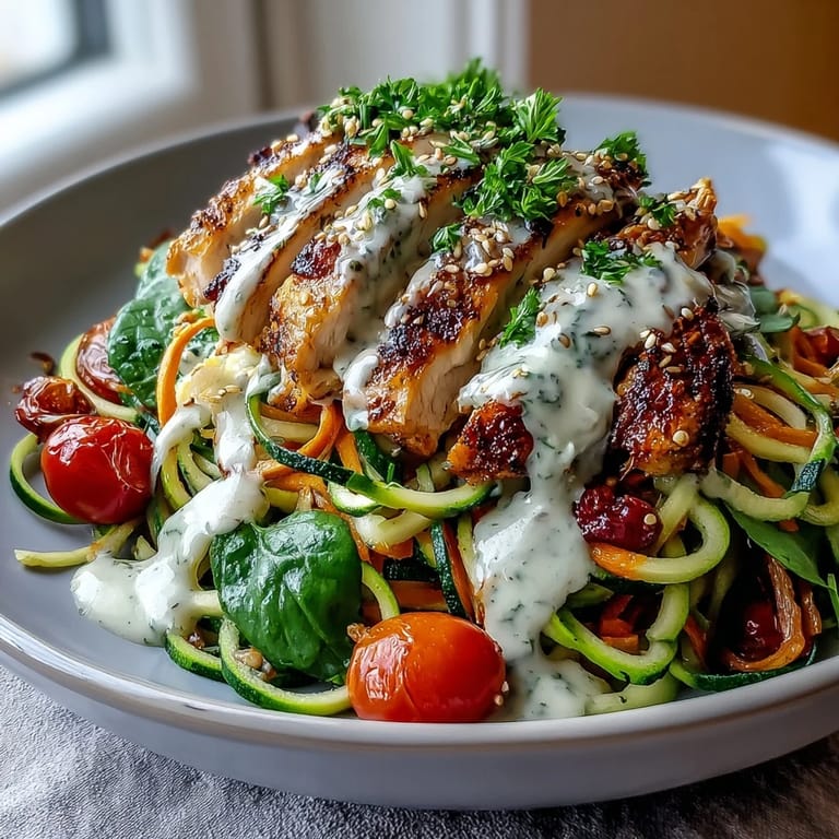 Close-up of a colorful Spiralized Vegetable Bowl featuring spiralized veggies, sliced chicken, and a rich dressing, ready to serve.