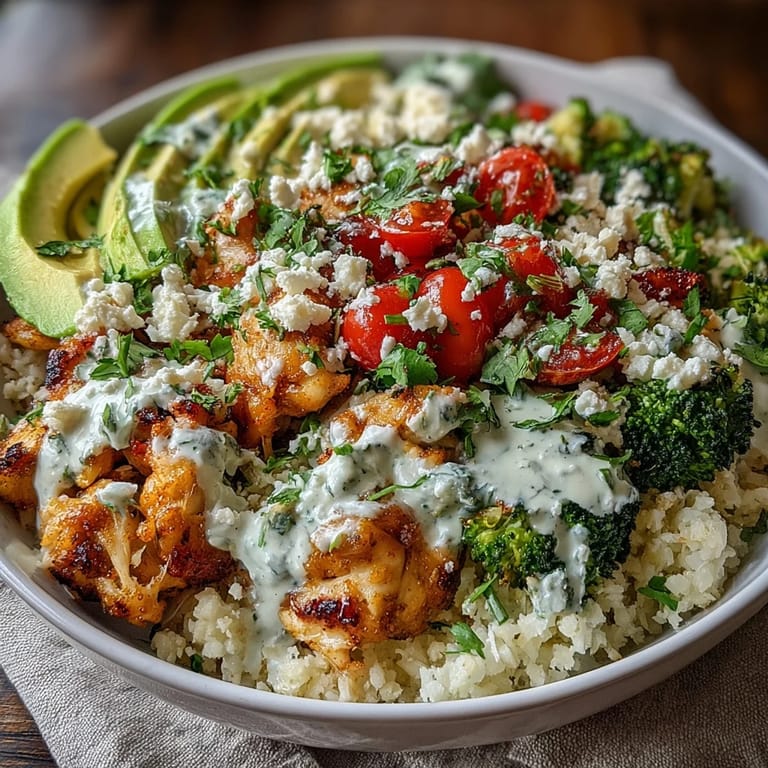 Healthy cauliflower rice bowl garnished with fresh cilantro and crumbled feta, drizzled with creamy tahini sauce.