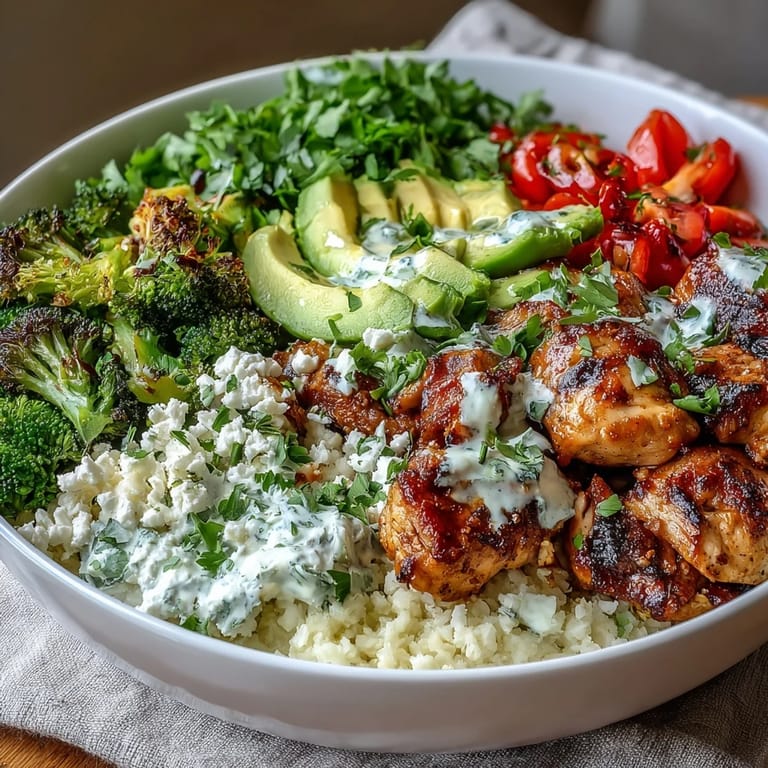 Colorful low-carb cauliflower rice bowl featuring juicy chicken, creamy avocado slices, and halved cherry tomatoes.