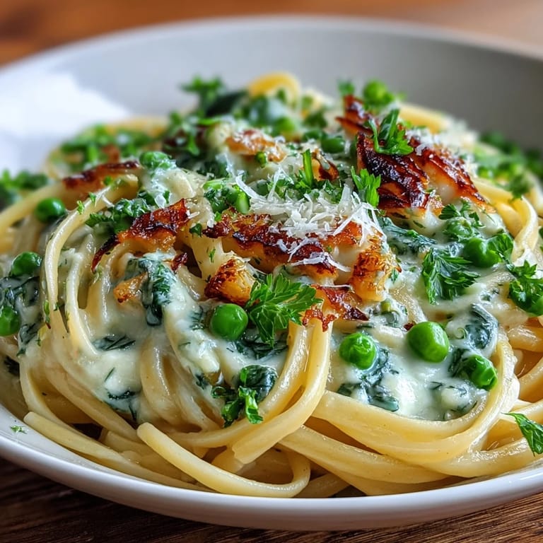 Bright and buttery linguine with green peas, lemon zest, and Parmesan, served in a white bowl with a side of crusty bread.  