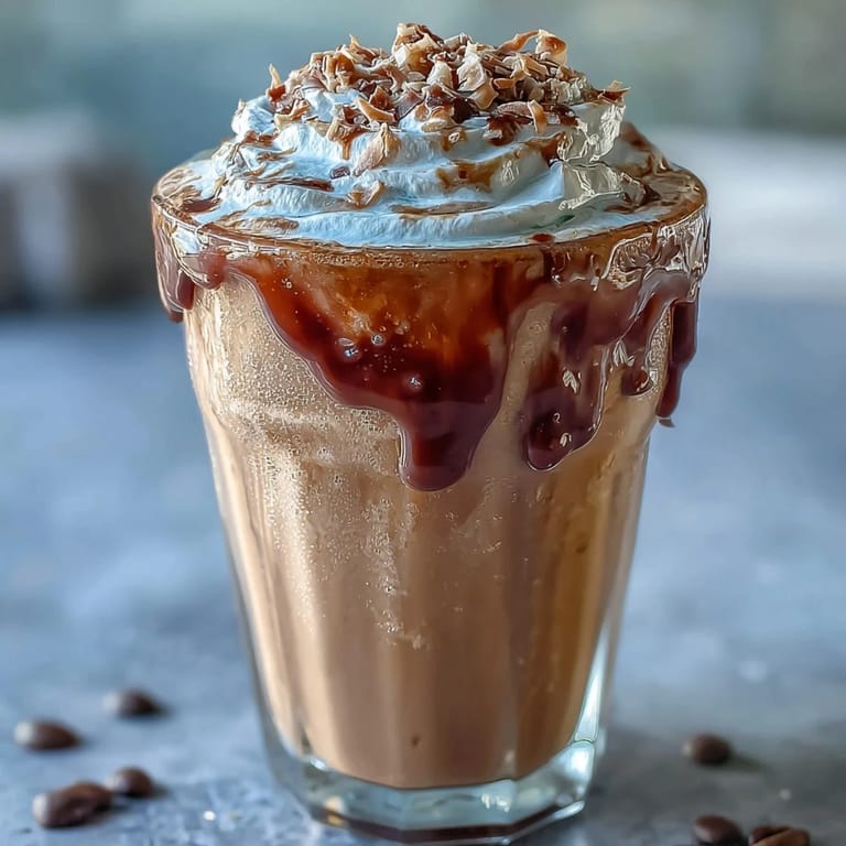 Vanilla bean frappuccino with silky coconut milk foam and golden toasted coconut, perfect for cooling off on a hot day.