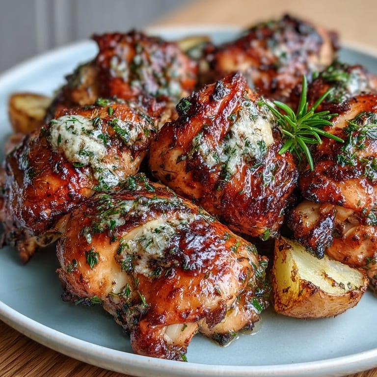 Aromatic lemon herb roasted chicken with tender baby potatoes, golden and glistening from the oven.