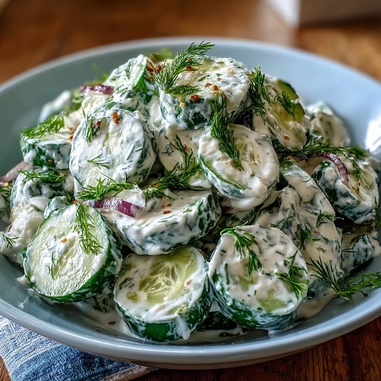 Refreshing summer salad featuring crisp cucumbers in creamy dill-infused Greek yogurt dressing, served chilled.