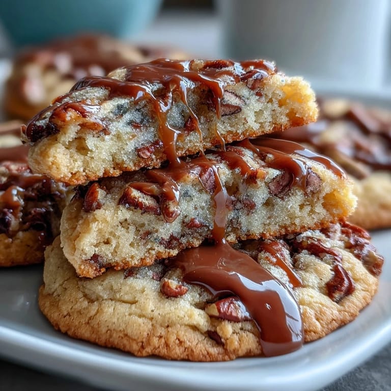 Freshly baked Butter Pecan Cookies, showcasing nutty texture and gooey caramel.