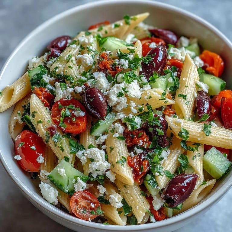Colorful Mediterranean pasta salad featuring briny Kalamata olives, crumbled feta, and fresh vegetables, perfect for a refreshing summer meal or picnic.