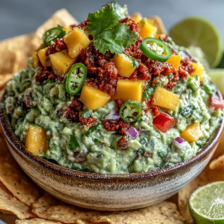 Festive guacamole featuring ripe avocado, juicy mango, and zesty jalapeño, perfect for Cinco de Mayo celebrations or any party appetizer.  