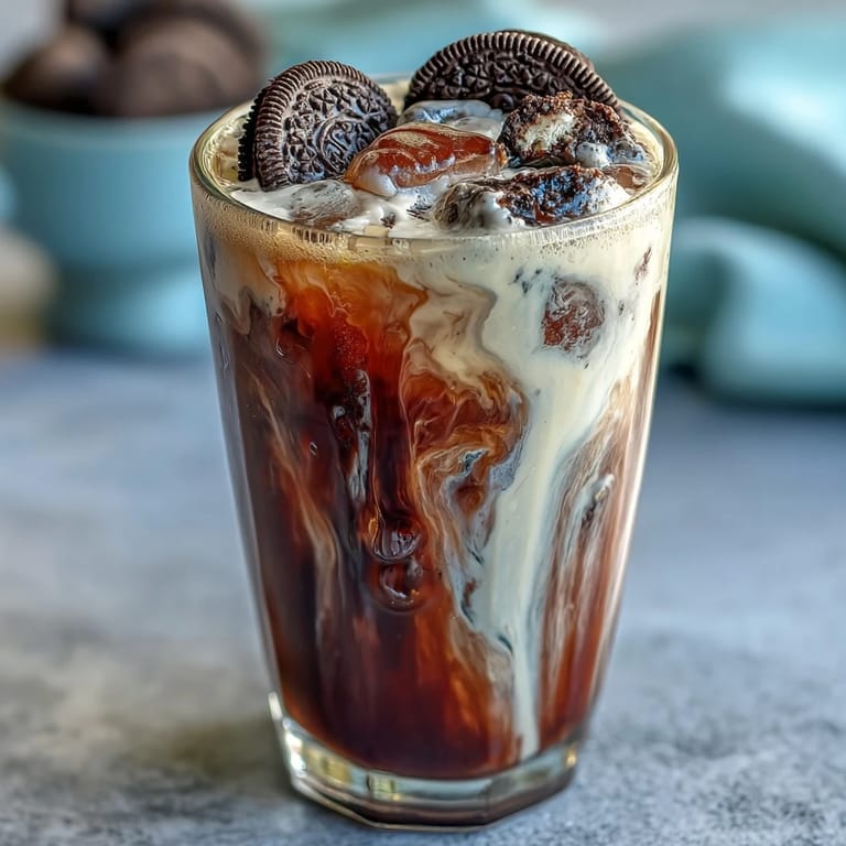 Indulgent cold brew coffee blended with cookies-and-cream milk and chocolate syrup, served over ice.