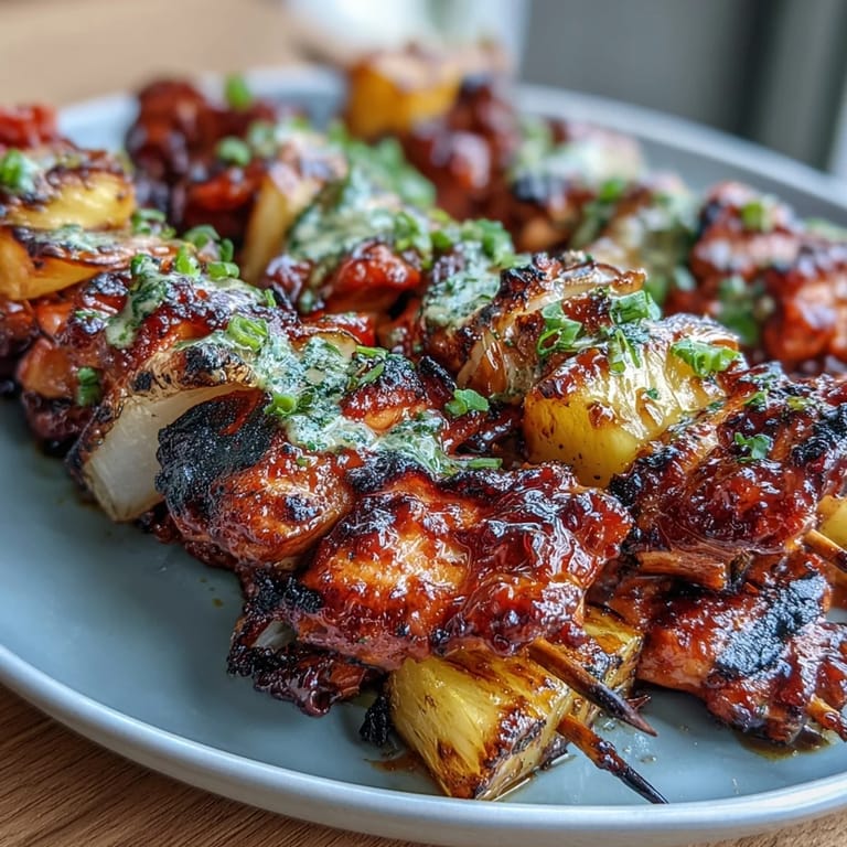 Colorful chicken and pineapple skewers sizzling on the grill, finished with fresh cilantro and lime.  