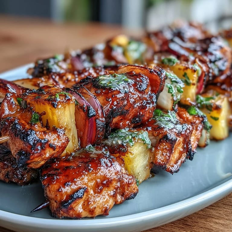 Tropical Grilled Pineapple Chicken Skewers featuring marinated chicken and caramelized pineapple chunks, ideal for cookouts.