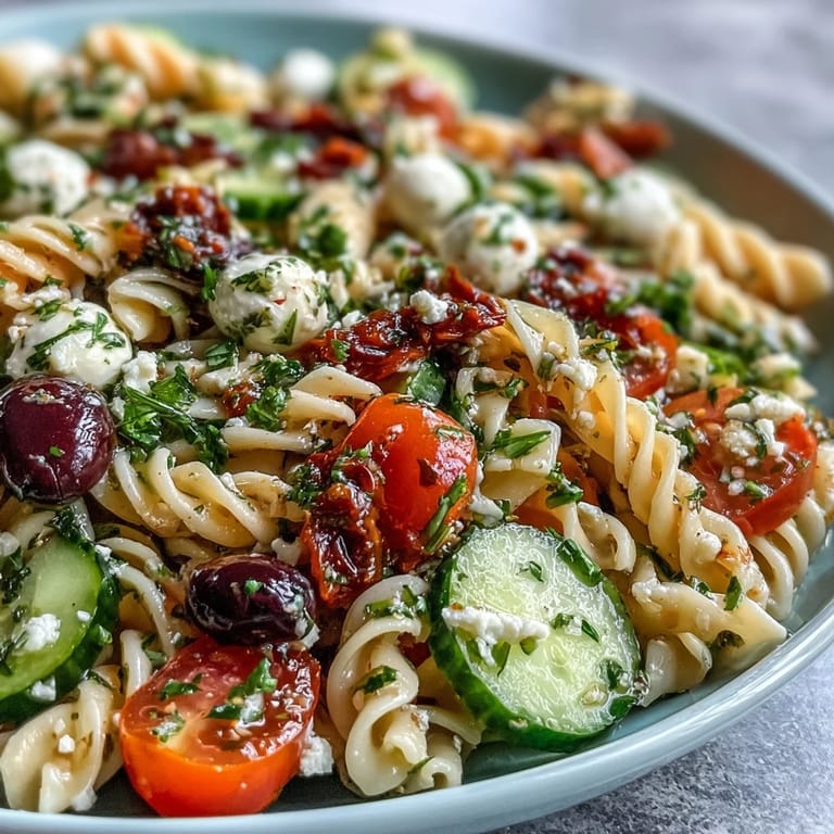 Vibrant pasta salad with crisp vegetables and creamy mozzarella, perfectly coated in tangy Italian dressing for a refreshing meal.