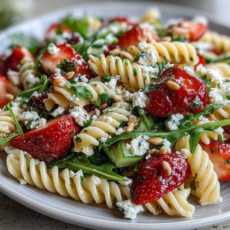 Refreshing spring pasta salad with ripe strawberries, peppery arugula, and crumbled feta, perfect for picnics and gatherings.