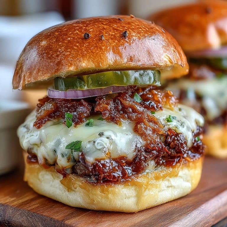 Close-up of juicy smash burger sliders stacked high on toasted brioche buns, topped with pickles, onions, and tangy homemade secret sauce.  