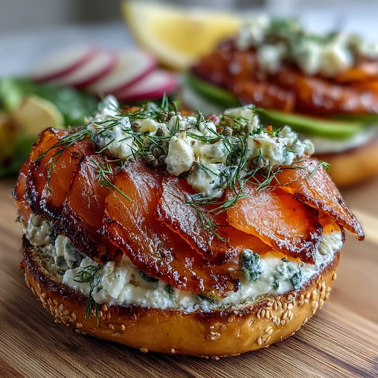 Silky smoked salmon and creamy spreads artfully displayed on a colorful bagel board with crisp vegetables and herbs.