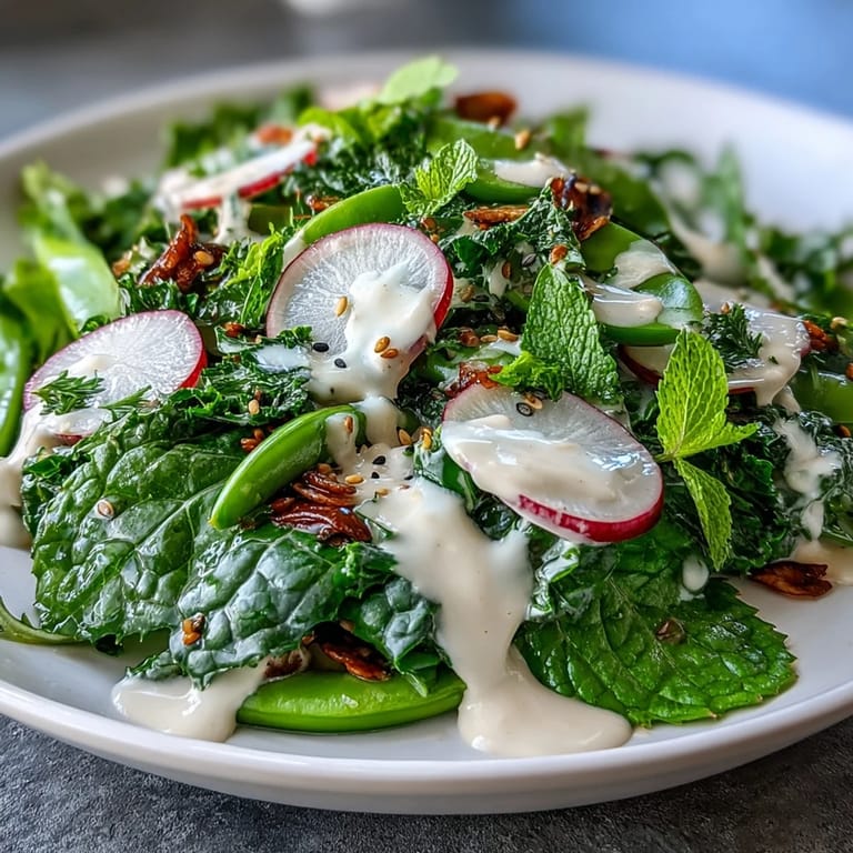 Bright green snap peas and sliced radishes tossed with mint and parsley, drizzled with zesty tahini-lemon dressing for a fresh salad.