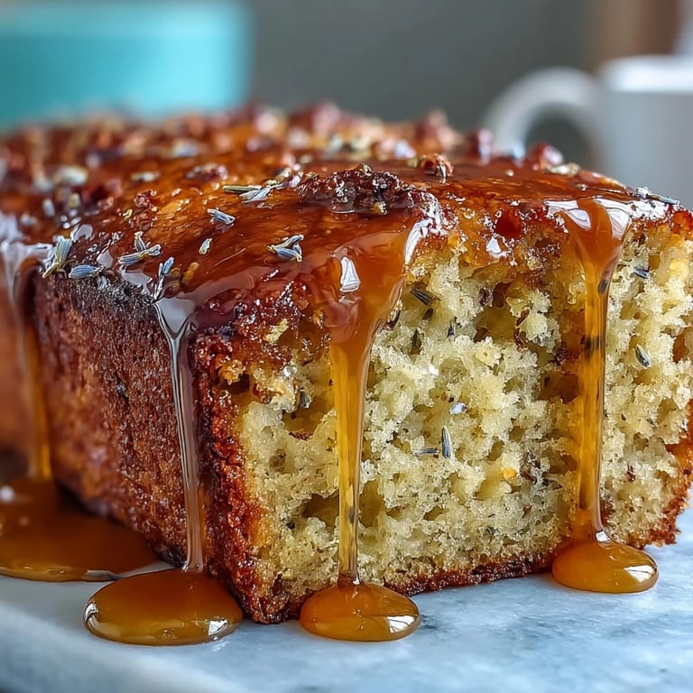 Moist lemon lavender cake with floral notes and honey glaze, perfect for teatime or dessert.