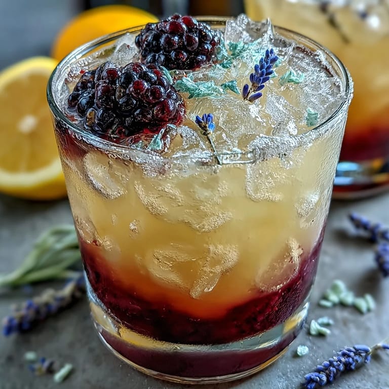 Refreshing homemade Blackberry Lavender Lemonade Fizz featuring muddled blackberries, aromatic lavender syrup, and fizzy club soda served over ice in clear glasses.