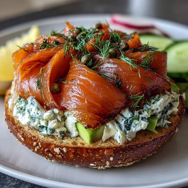 A festive smoked salmon bagel board featuring ripe avocado, cherry tomatoes, and lemon wedges for a fresh brunch spread.