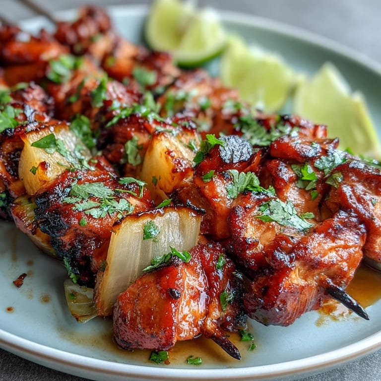 Colorful skewers of tender chicken al pastor and caramelized pineapple, grilled to perfection with a hint of char and fresh cilantro garnish.
