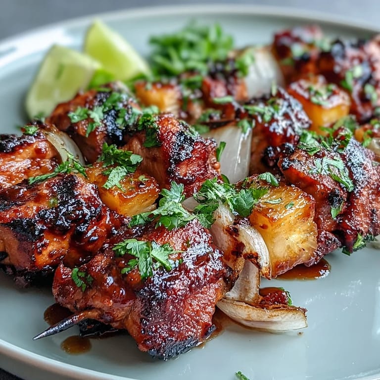 Savory chicken al pastor skewers paired with juicy pineapple, grilled until smoky and served with lime wedges for a vibrant, tropical main dish.