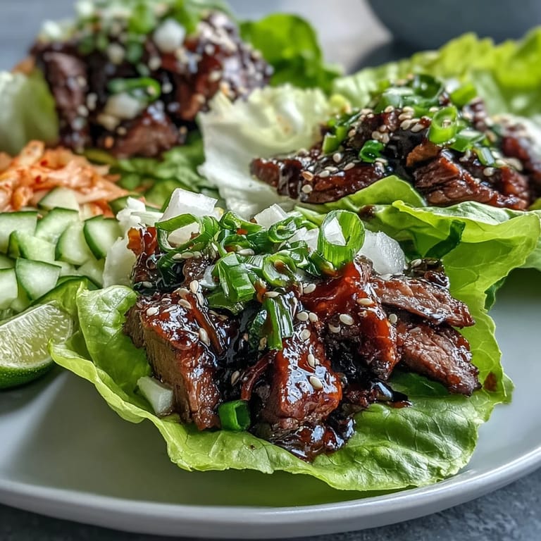 Juicy Korean BBQ Beef Lettuce Wraps with vibrant kimchi, ready to be enjoyed!