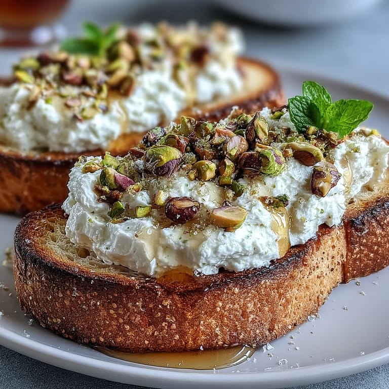 Creamy whipped ricotta toast drizzled with sweet honey, garnished with vibrant pistachios.