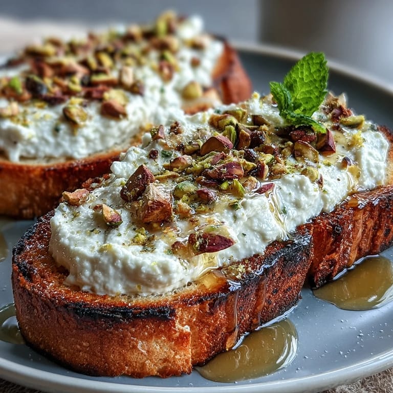 Golden toasted bread topped with airy whipped ricotta, honey, and toasted pistachios.