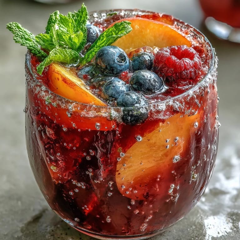 Refreshing peach and berry mocktail in a glass, perfect for hot weather.