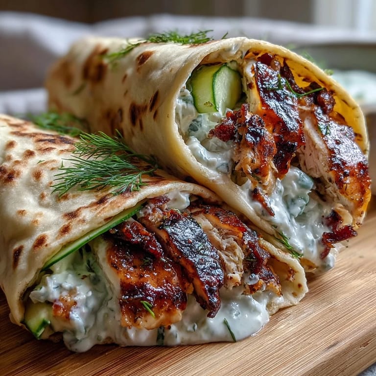 Generously spread tzatziki sauce on these appetizing Tzatziki Chicken Wraps, ready to eat.