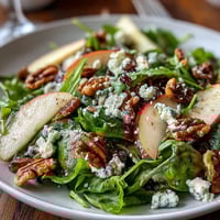 Fresh apple and walnut salad with crisp apple slices, crunchy walnuts, and tangy vinaigrette on a bed of mixed greens.