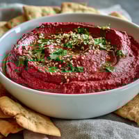 Creamy roasted beet hummus topped with olive oil and sesame seeds, served in a rustic bowl with pita chips for dipping.
