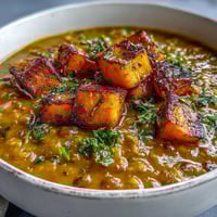 Golden roasted butternut squash cubes simmering with red lentils, carrots, and onions in a warm spiced broth.