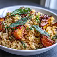 Creamy Vegan Pumpkin Risotto garnished with crispy sage leaves in a rustic white bowl, ready to serve.
