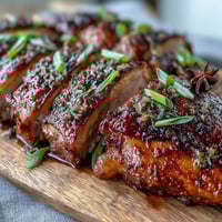 Golden-brown Five-Spice Roast Ducks resting on a platter, surrounded by roasted orange slices and star anise for a fragrant presentation.