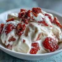 Frozen Strawberry & Banana Yoghurt Clusters topped with fruit chips on a lined tray.