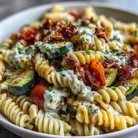 Freshly roasted zucchini and bell peppers sit atop chickpea pasta, drizzled with creamy tahini sauce and garnished with parsley.