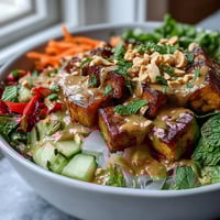 A close-up of a deconstructed Rice Paper Roll Bowl brimming with crisp vegetables, grilled chicken, and silky rice paper shards.