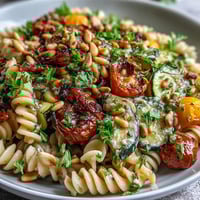 A close-up of Whole Wheat Pasta Bowl with roasted vegetables and creamy sauce, topped with pine nuts and parsley.