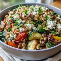 Steaming Farro Pasta Bowl features sautéed vegetables and crumbled feta, served as a warm, wholesome vegetarian dinner.
