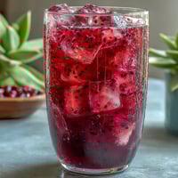 Vibrant mango dragonfruit refresher with fresh fruit cubes and ice in clear glasses, perfect for a hot summer day.