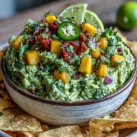 Easy Cinco de Mayo Guacamole with Mango and Jalapeño, a vibrant blend of creamy avocado, sweet mango, and spicy jalapeño, served with crisp tortilla chips.  