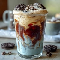 Creamy cookies-and-cream cold brew with rich chocolate swirls and crushed Oreo topping in a tall glass.