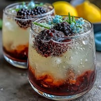 Vibrant Blackberry Lavender Lemonade Fizz with fresh berries, floral lavender, and sparkling water in tall glasses, garnished with lemon slices and lavender sprigs.