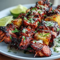Juicy grilled chicken al pastor skewers with sweet pineapple chunks, marinated in smoky guajillo and achiote sauce, perfect for a summer cookout.