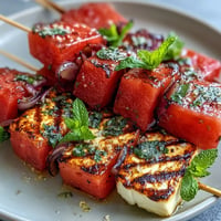 Grilled Halloumi Skewers with Watermelon and Mint make a vibrant, summery appetizer with golden cheese and juicy fruit.