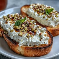 Whipped ricotta toast piled high with honey and crunchy pistachios, a perfect brunch delight.
