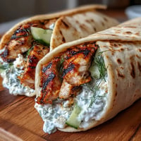 Close-up of Tzatziki Chicken Wraps: vibrant ingredients nestled in a toasted flatbread.